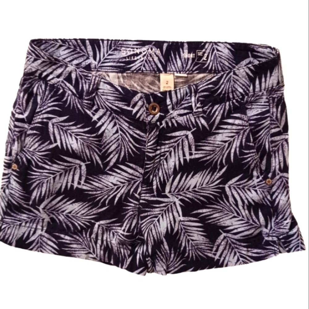 Sonoma Misses Shorts Sz 2 Blue Palm Tropical Mid Rise Stretch Linen Rayon Beach